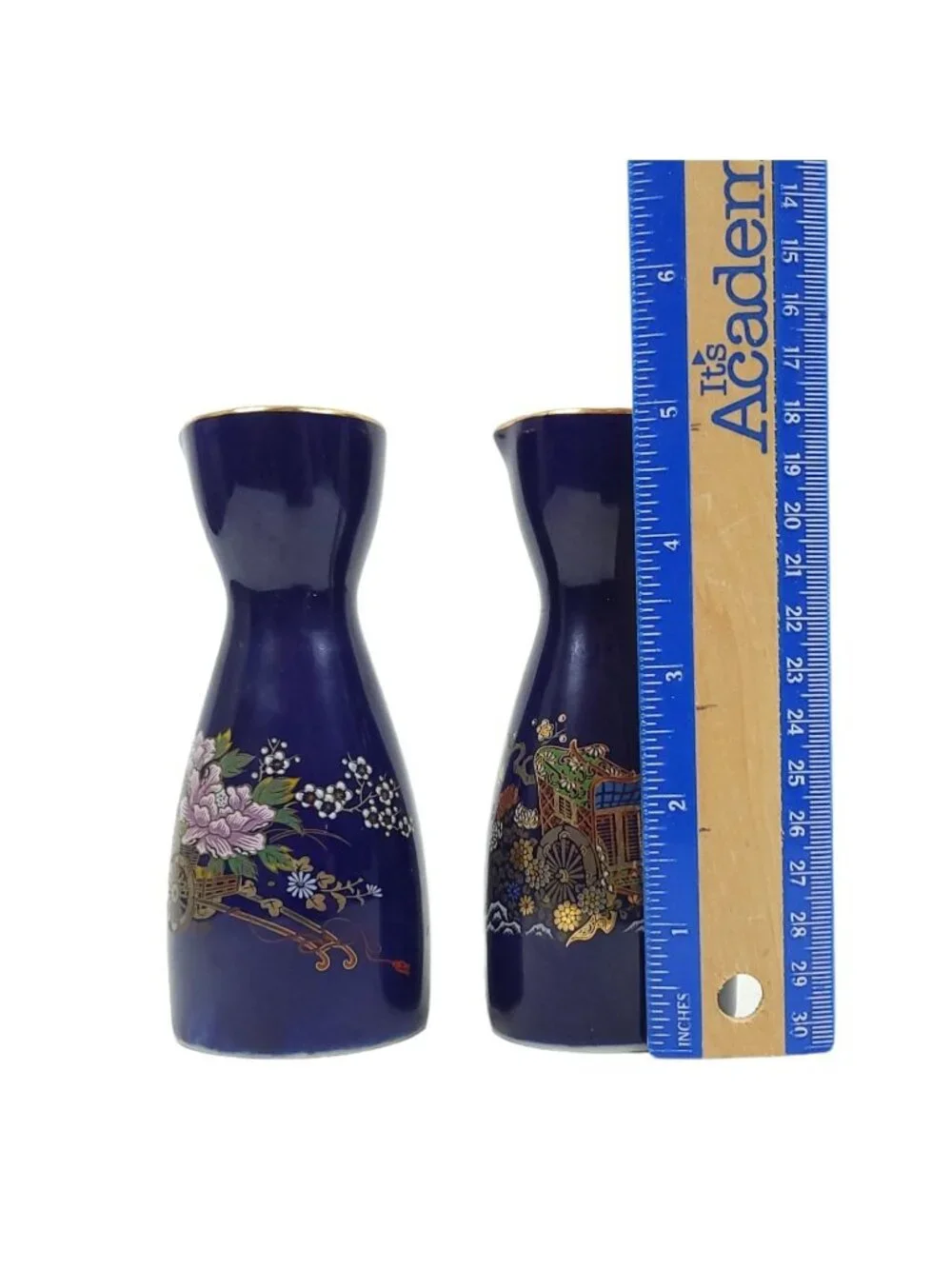 Japanese Kutani Style Cobalt Blue Ceramic Sake Carafe Set Flower Vintage Japan